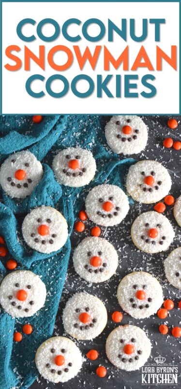 Coconut Snowman Cookies are simply adorable! They're also very easy to make, inexpensive, and delicious too! The base of the cookie melts in your mouth! Using mini chocolate chips for his eyes and mouth, and an orange candy-coated chocolate for his nose, these cookies are almost too cute to eat! #snowman #coconut #cookies #sugarcookies