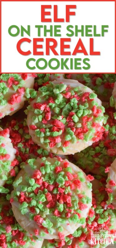 Elf on the Shelf Cereal Cookies are prepared with a delicious sugar cookie base which has finely crushed cereal incorporated into the batter. Next, the cookies are glazed and topped with lots of broken cereal bits. These cookies are super crunchy and super flavourful! #elfontheshelf #sugarcookies #cereal