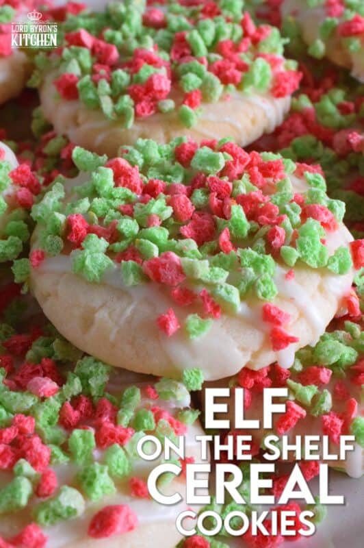 Elf on the Shelf Cereal Cookies are prepared with a delicious sugar cookie base which has finely crushed cereal incorporated into the batter. Next, the cookies are glazed and topped with lots of broken cereal bits. These cookies are super crunchy and super flavourful! #elfontheshelf #sugarcookies #cereal