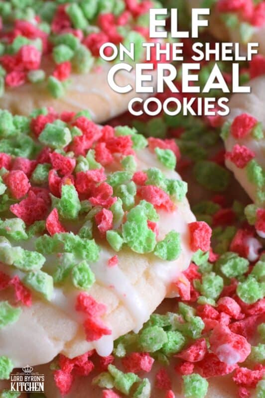 Elf on the Shelf Cereal Cookies are prepared with a delicious sugar cookie base which has finely crushed cereal incorporated into the batter. Next, the cookies are glazed and topped with lots of broken cereal bits. These cookies are super crunchy and super flavourful! #elfontheshelf #sugarcookies #cereal