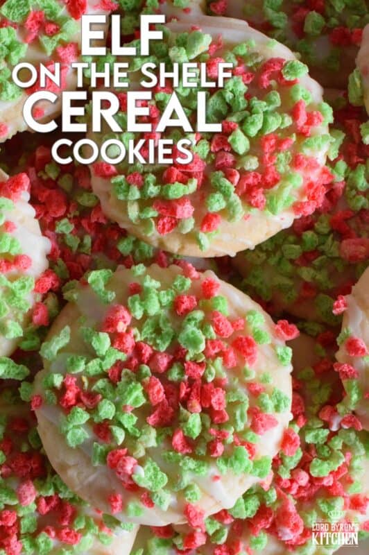 Elf on the Shelf Cereal Cookies are prepared with a delicious sugar cookie base which has finely crushed cereal incorporated into the batter. Next, the cookies are glazed and topped with lots of broken cereal bits. These cookies are super crunchy and super flavourful! #elfontheshelf #sugarcookies #cereal