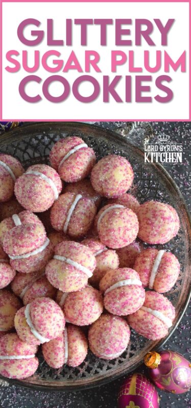 These beautiful, shimmering, Glittery Sugar Plum Cookies are the epitome of priceless luxury on a dollar store budget.The cookies are baked with a sparkling, sugary coating and sandwiched together with an easy, sweet frosting. One bite and you'll certainly have visions of these sugar plums dancing in your head on Christmas Eve night! #sugarplums #christmas #baking #cookies #glitter