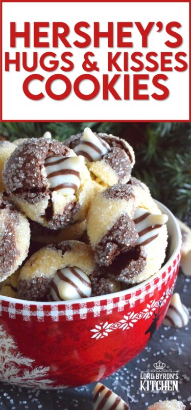 A deliciously decadent half vanilla and half chocolate cookie, coated in sugar, and topped with a chocolate kiss, Hershey’s Hugs and Kiss Cookies are a perfect holiday treat that everyone will love! These are quick and easy - no need to chill the cookie dough before baking either! Don't they look absolutely adorable!? #hershey #hugsandkisses #christmas #cookies