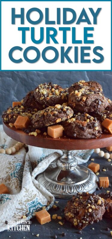 Turtles, turtles, rah, rah, rah! If you remember that jingle and you ate the popular chocolate confection that was popularized by it, then you might enjoy these Holiday Turtle Cookies too! Baked inside and outside of the most delicious chocolate cookie dough are toasted pecans, chocolate chips, and lots of sticky, gooey caramel.  You're going to love this one! #turtles #chocolate #cookies #caramel #pecans