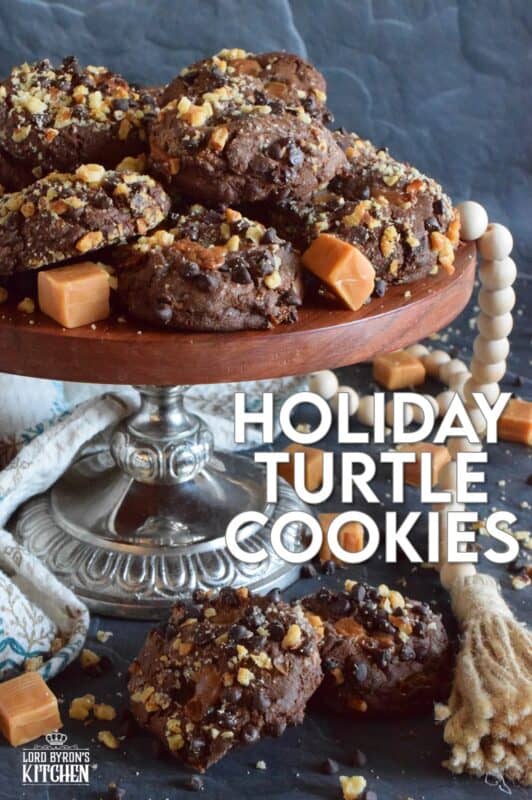 Turtles, turtles, rah, rah, rah! If you remember that jingle and you ate the popular chocolate confection that was popularized by it, then you might enjoy these Holiday Turtle Cookies too! Baked inside and outside of the most delicious chocolate cookie dough are toasted pecans, chocolate chips, and lots of sticky, gooey caramel.  You're going to love this one! #turtles #chocolate #cookies #caramel #pecans