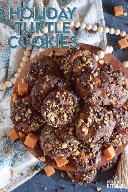 Turtles, turtles, rah, rah, rah! If you remember that jingle and you ate the popular chocolate confection that was popularized by it, then you might enjoy these Holiday Turtle Cookies too! Baked inside and outside of the most delicious chocolate cookie dough are toasted pecans, chocolate chips, and lots of sticky, gooey caramel.  You're going to love this one! #turtles #chocolate #cookies #caramel #pecans
