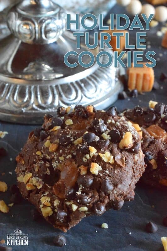 Turtles, turtles, rah, rah, rah! If you remember that jingle and you ate the popular chocolate confection that was popularized by it, then you might enjoy these Holiday Turtle Cookies too! Baked inside and outside of the most delicious chocolate cookie dough are toasted pecans, chocolate chips, and lots of sticky, gooey caramel.  You're going to love this one! #turtles #chocolate #cookies #caramel #pecans