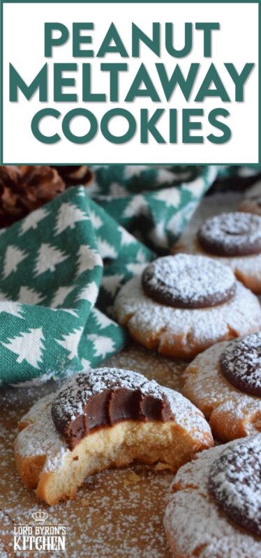 Peanut Meltaway Cookies are a melt-in-your-mouth cookie prepared with peanut butter and topped with a chocolate peanut butter ganache.  Doesn't that sound delicious!?  The base has a shortbread, crumbly-like texture that pairs extraordinarily well with the creaminess of the smooth ganache dollop.  These are simply irresistible! #meltaway #peanutbutter #ganache #cookies