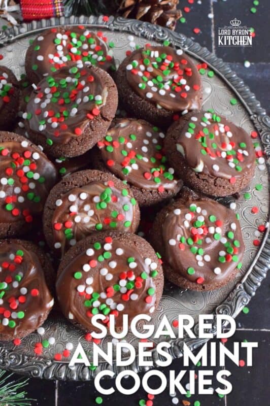 Not a Christmas passes by in our home without a packet or two of our favourite chocolates. This year, I added them to my holiday cookie recipes in these Sugared Andes Mint Cookies. These cookies are both minty and chocolatey, which is a perfect sweet treat combination. In this case, I'm not sure if it's the cookie that elevates the Andes Mint or the other way round! You can be the judge of that! #andes #andesmints #chocolate #christmas #cookies #holiday #baking
