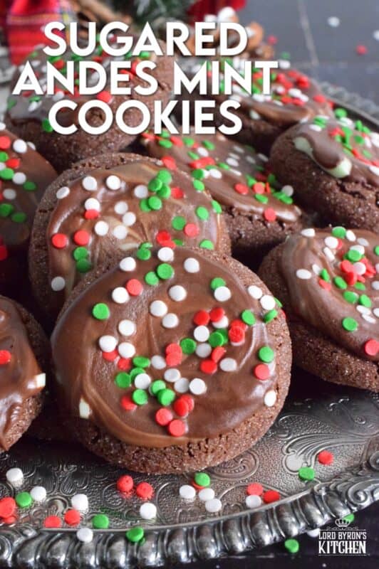 Not a Christmas passes by in our home without a packet or two of our favourite chocolates. This year, I added them to my holiday cookie recipes in these Sugared Andes Mint Cookies. These cookies are both minty and chocolatey, which is a perfect sweet treat combination. In this case, I'm not sure if it's the cookie that elevates the Andes Mint or the other way round! You can be the judge of that! #andes #andesmints #chocolate #christmas #cookies #holiday #baking