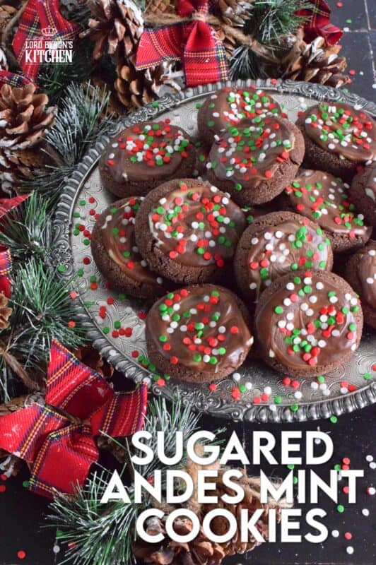 Not a Christmas passes by in our home without a packet or two of our favourite chocolates. This year, I added them to my holiday cookie recipes in these Sugared Andes Mint Cookies. These cookies are both minty and chocolatey, which is a perfect sweet treat combination. In this case, I'm not sure if it's the cookie that elevates the Andes Mint or the other way round! You can be the judge of that! #andes #andesmints #chocolate #christmas #cookies #holiday #baking