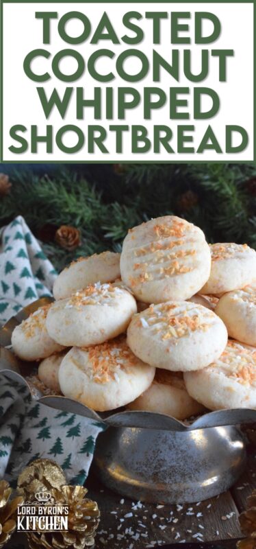 Christmas isn't Christmas without shortbread, and while everyone seems to have a favourite shortbread recipe or two, there's always room for one more! Toasted Coconut Whipped Shortbread pairs an easy whipped shortbread cookie recipe with the wonderful taste of golden, toasted coconut, making this a must-bake cookie this holiday season! #coconut #shortbread #toasted #cookies