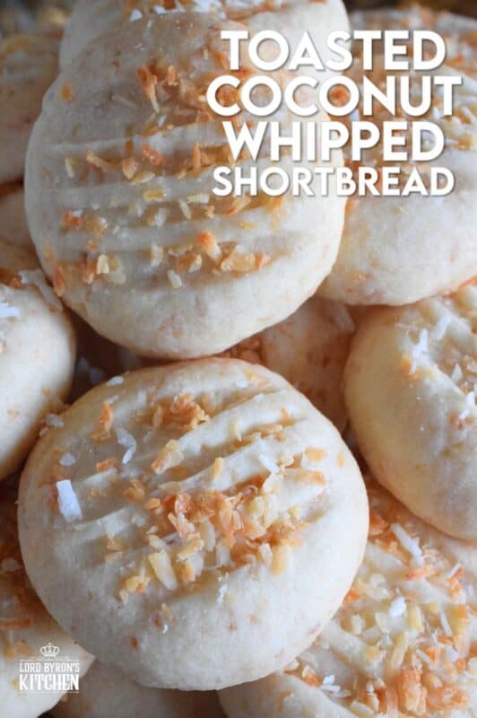 Christmas isn't Christmas without shortbread, and while everyone seems to have a favourite shortbread recipe or two, there's always room for one more! Toasted Coconut Whipped Shortbread pairs an easy whipped shortbread cookie recipe with the wonderful taste of golden, toasted coconut, making this a must-bake cookie this holiday season! #coconut #shortbread #toasted #cookies