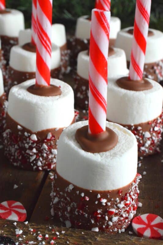 Candy Cane Marshmallow Pops are a delightfully delicious chocolate and peppermint treat prepared with melted milk chocolate, jumbo marshmallows, and crushed cane canes, and peppermint sticks.  Kids will love these, but I don't know any hot chocolate lover who wouldn't marvel over these as well!  These are great for packaging and gifting too! #hotchocolate #peppermint #marshmallows
