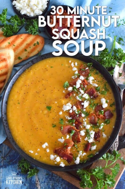 Save yourself some time by using store-bought, frozen squash for this recipe. It's one of those one-pot, all ingredients in at the same time, type of recipes. 30 Minute Butternut Squash Soup is creamy, full of flavour, and a perfectly warm and cozy family meal! #30minuterecipes #soup #vegan #vegetarian #dairyfree #meatlessmonday #butternutsquash #squash