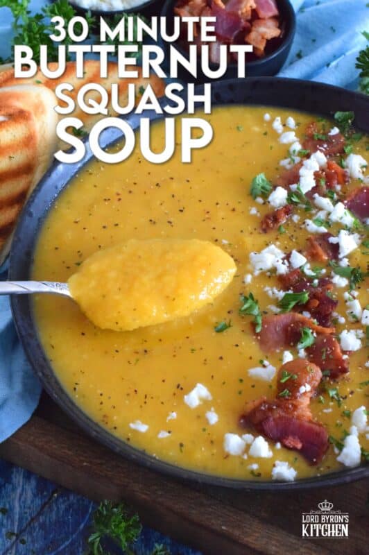 Save yourself some time by using store-bought, frozen squash for this recipe. It's one of those one-pot, all ingredients in at the same time, type of recipes. 30 Minute Butternut Squash Soup is creamy, full of flavour, and a perfectly warm and cozy family meal! #30minuterecipes #soup #vegan #vegetarian #dairyfree #meatlessmonday #butternutsquash #squash