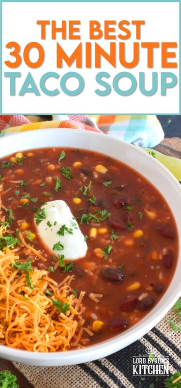 With the help of taco seasoning, canned beans and corn, and some leftover rice, 30 Minute Taco Soup comes together quickly and easily. Make it even better by topping it with cheese, and sour cream! #taco #soup #vegan #vegetable #vegetarian #canned #pantry