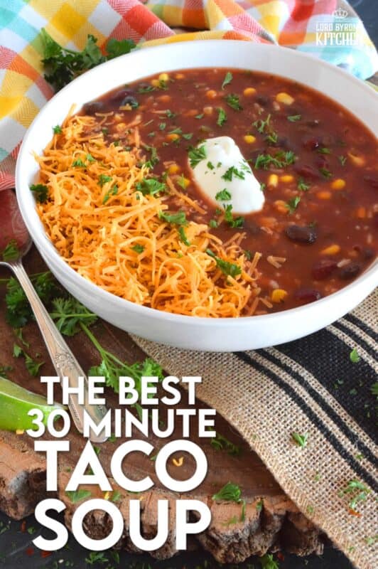 With the help of taco seasoning, canned beans and corn, and some leftover rice, 30 Minute Taco Soup comes together quickly and easily. Make it even better by topping it with cheese, and sour cream! #taco #soup #vegan #vegetable #vegetarian #canned #pantry