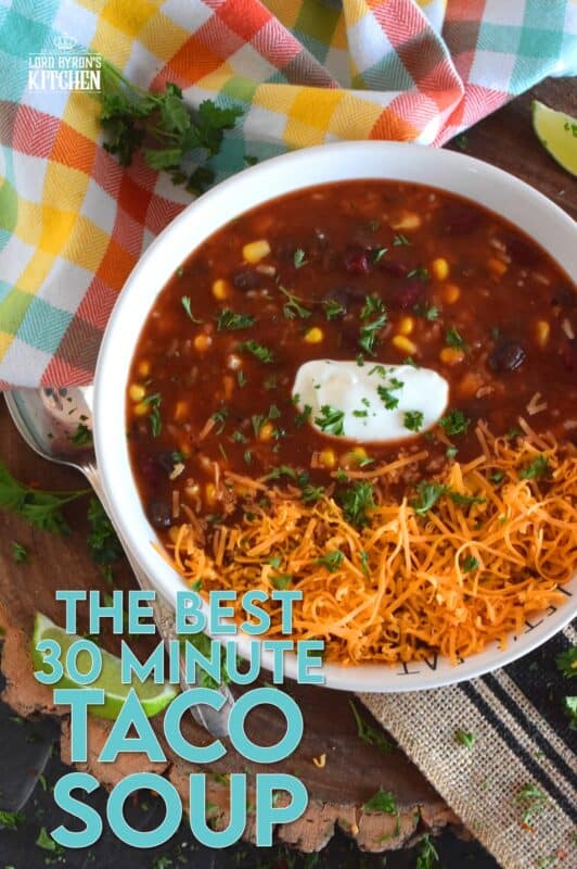 With the help of taco seasoning, canned beans and corn, and some leftover rice, 30 Minute Taco Soup comes together quickly and easily. Make it even better by topping it with cheese, and sour cream! #taco #soup #vegan #vegetable #vegetarian #canned #pantry