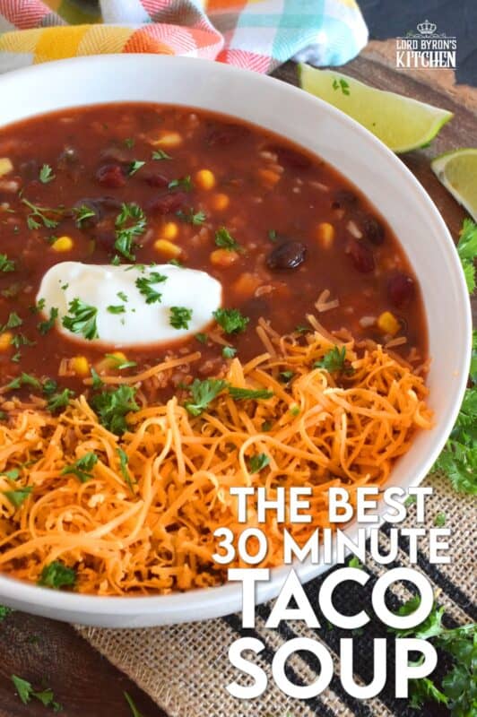 With the help of taco seasoning, canned beans and corn, and some leftover rice, 30 Minute Taco Soup comes together quickly and easily. Make it even better by topping it with cheese, and sour cream! #taco #soup #vegan #vegetable #vegetarian #canned #pantry