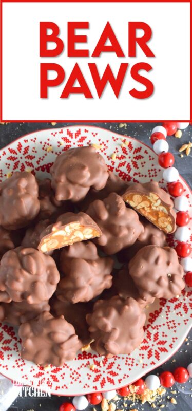 A quick and easy candy with so much delicious flavour! Melted milk chocolate coats a mound of thick and gooey caramel and salted peanut goodness. One bite of these Bear Paws is all it takes to win over just about anyone! #bearpaws #caramel #nuts #nobake