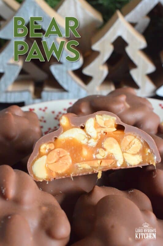 A quick and easy candy with so much delicious flavour! Melted milk chocolate coats a mound of thick and gooey caramel and salted peanut goodness. One bite of these Bear Paws is all it takes to win over just about anyone! #bearpaws #caramel #nuts #nobake