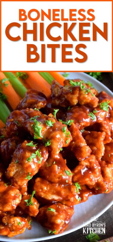 Crispy, fried, battered chicken tossed in your favourite prepared barbecue sauce, Boneless Chicken Bites are a perfect party food. Serve with fresh veggies, dip, and lots of toothpicks. There's no need to get your fingers dirty here! #bonelesschicken #barbecuechicken #BBQ #weeknightrecipes