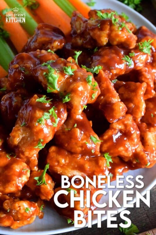 Crispy, fried, battered chicken tossed in your favourite prepared barbecue sauce, Boneless Chicken Bites are a perfect party food. Serve with fresh veggies, dip, and lots of toothpicks. There's no need to get your fingers dirty here! #bonelesschicken #barbecuechicken #BBQ #weeknightrecipes