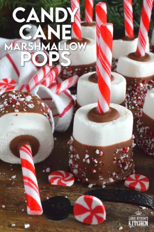 Candy Cane Marshmallow Pops are a delightfully delicious chocolate and peppermint treat prepared with melted milk chocolate, jumbo marshmallows, and crushed cane canes, and peppermint sticks.  Kids will love these, but I don't know any hot chocolate lover who wouldn't marvel over these as well!  These are great for packaging and gifting too! #hotchocolate #peppermint #marshmallows