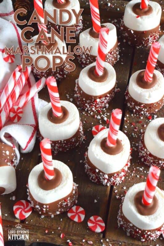 Candy Cane Marshmallow Pops are a delightfully delicious chocolate and peppermint treat prepared with melted milk chocolate, jumbo marshmallows, and crushed cane canes, and peppermint sticks.  Kids will love these, but I don't know any hot chocolate lover who wouldn't marvel over these as well!  These are great for packaging and gifting too! #hotchocolate #peppermint #marshmallows