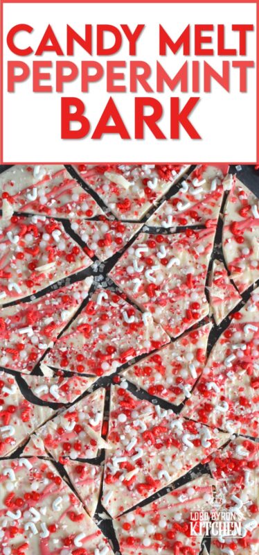 Chocolate bark is the name applied to a thin layer of melted chocolate that has been topped or filled with nuts, cookies, candies, pretzels, etc., and it is supposed to resemble tree bark. Candy Melt Peppermint Bark is prepared with crushed candy canes, peppermint-flavoured white candy melts and lots of festive sprinkles. This sweet treat is quick and easy to make and perfect for gift-giving! #candymelts #peppermint #chocolate #bark