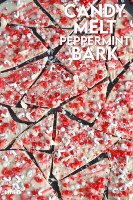 Chocolate bark is the name applied to a thin layer of melted chocolate that has been topped or filled with nuts, cookies, candies, pretzels, etc., and it is supposed to resemble tree bark. Candy Melt Peppermint Bark is prepared with crushed candy canes, peppermint-flavoured white candy melts and lots of festive sprinkles. This sweet treat is quick and easy to make and perfect for gift-giving! #candymelts #peppermint #chocolate #bark