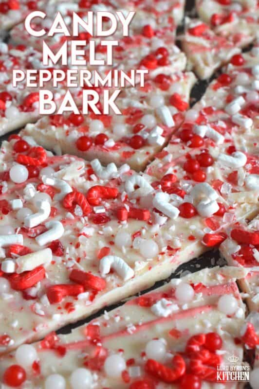 Chocolate bark is the name applied to a thin layer of melted chocolate that has been topped or filled with nuts, cookies, candies, pretzels, etc., and it is supposed to resemble tree bark. Candy Melt Peppermint Bark is prepared with crushed candy canes, peppermint-flavoured white candy melts and lots of festive sprinkles. This sweet treat is quick and easy to make and perfect for gift-giving! #candymelts #peppermint #chocolate #bark