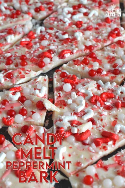 Chocolate bark is the name applied to a thin layer of melted chocolate that has been topped or filled with nuts, cookies, candies, pretzels, etc., and it is supposed to resemble tree bark. Candy Melt Peppermint Bark is prepared with crushed candy canes, peppermint-flavoured white candy melts and lots of festive sprinkles. This sweet treat is quick and easy to make and perfect for gift-giving! #candymelts #peppermint #chocolate #bark