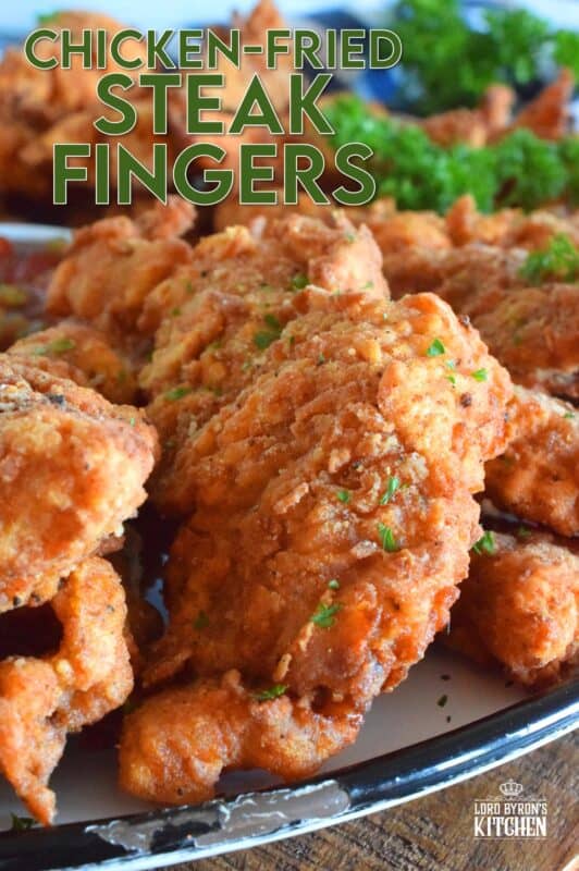 Steak is marinated in buttermilk and seasonings to tenderize and flavour before being double coated in a light batter. The steak is fried until golden and crunchy on the outside but is still moist and tender on the inside. Chicken Fried Steak Fingers have the flavour and crunch of fried chicken but with steak instead! #steakfingers #chickenfried #steak #ribeye #fingers #deepfried