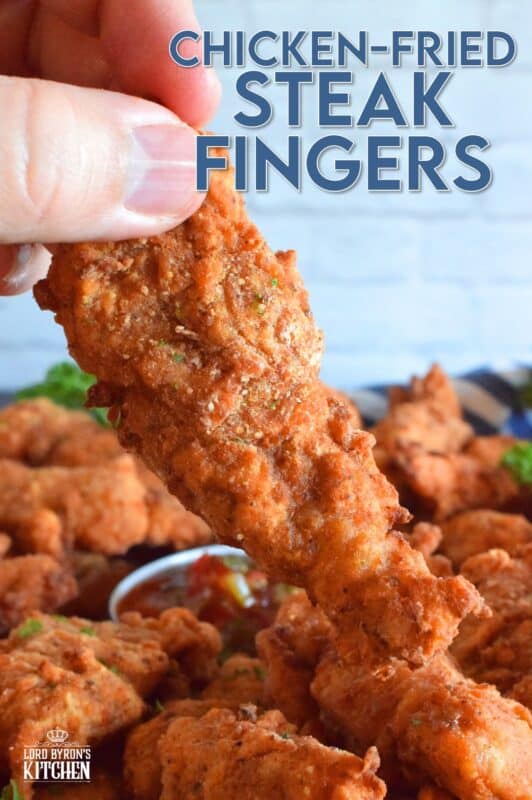 Steak is marinated in buttermilk and seasonings to tenderize and flavour before being double coated in a light batter. The steak is fried until golden and crunchy on the outside but is still moist and tender on the inside. Chicken Fried Steak Fingers have the flavour and crunch of fried chicken but with steak instead! #steakfingers #chickenfried #steak #ribeye #fingers #deepfried