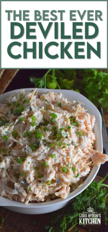 Prepared with poached chicken breasts or your favourite canned, flaked chicken, Deviled Chicken is a wonderful spread on crackers, a great addition to any charcuterie board, or a delicious start to a delightful sandwich. #deviled #chicken #salad #appetizer #pate #spread #canned #poached