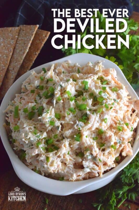 Prepared with poached chicken breasts or your favourite canned, flaked chicken, Deviled Chicken is a wonderful spread on crackers, a great addition to any charcuterie board, or a delicious start to a delightful sandwich. #deviled #chicken #salad #appetizer #pate #spread #canned #poached