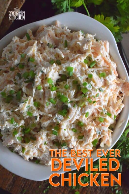 Prepared with poached chicken breasts or your favourite canned, flaked chicken, Deviled Chicken is a wonderful spread on crackers, a great addition to any charcuterie board, or a delicious start to a delightful sandwich. #deviled #chicken #salad #appetizer #pate #spread #canned #poached