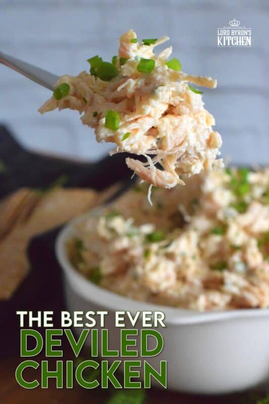 Prepared with poached chicken breasts or your favourite canned, flaked chicken, Deviled Chicken is a wonderful spread on crackers, a great addition to any charcuterie board, or a delicious start to a delightful sandwich. #deviled #chicken #salad #appetizer #pate #spread #canned #poached