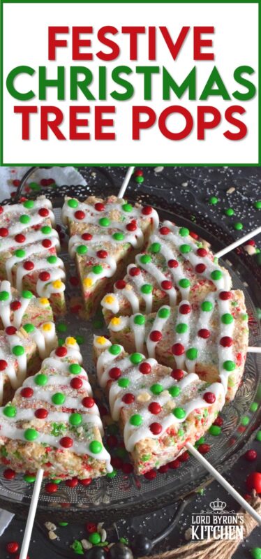 Marshmallow Rice Krispie Treats are prepared in a round cake pan and cut into large wedges.  Insert a lollipop stick and decorate as you wish!  These Festive Christmas Tree Pops are such fun to prepare and super delicious too! #ricekrispie #trees #christmas #pops