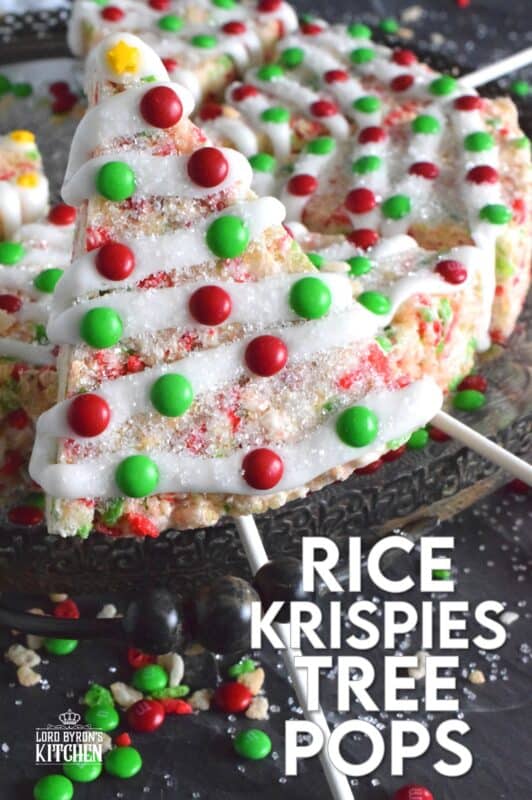 Marshmallow Rice Krispie Treats are prepared in a round cake pan and cut into large wedges.  Insert a lollipop stick and decorate as you wish!  These Festive Christmas Tree Pops are such fun to prepare and super delicious too! #ricekrispie #trees #christmas #pops