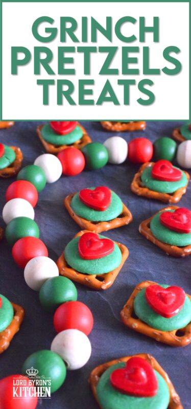 Oftentimes, these types of snacks are prepared with a Hershey's Kiss or a Rolo chocolate candy. But, Grinch Pretzel Treats needed something green and red, so the obvious choice was to top the pretzels with a green candy melt and a big shiny red heart. Aren't they cute!? #grinch #pretzel #treats