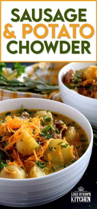 A savoury and hearty chowder which satisfies the cold weather hunger, Italian Sausage and Potato Chowder is flavourful and filling; you're going to love this recipe! Crumbled bacon or shredded cheddar cheese on top (or both!) is a great way to serve this dish! #sausage #italiansausage #chowder #potatosoup #cheese