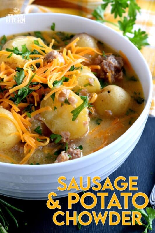 A savoury and hearty chowder which satisfies the cold weather hunger, Italian Sausage and Potato Chowder is flavourful and filling; you're going to love this recipe! Crumbled bacon or shredded cheddar cheese on top (or both!) is a great way to serve this dish! #sausage #italiansausage #chowder #potatosoup #cheese