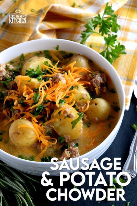 A savoury and hearty chowder which satisfies the cold weather hunger, Italian Sausage and Potato Chowder is flavourful and filling; you're going to love this recipe! Crumbled bacon or shredded cheddar cheese on top (or both!) is a great way to serve this dish! #sausage #italiansausage #chowder #potatosoup #cheese