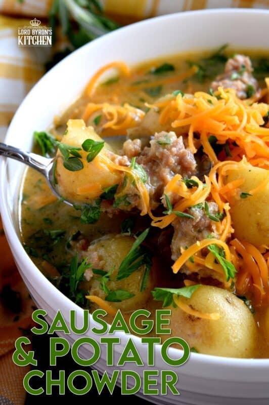 A savoury and hearty chowder which satisfies the cold weather hunger, Italian Sausage and Potato Chowder is flavourful and filling; you're going to love this recipe! Crumbled bacon or shredded cheddar cheese on top (or both!) is a great way to serve this dish! #sausage #italiansausage #chowder #potatosoup #cheese