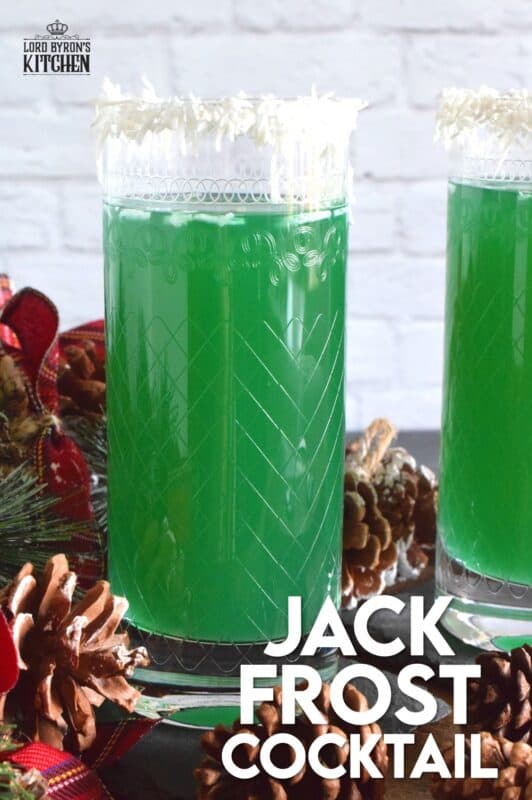 A Jack Frost Cocktail is surprisingly tropical tasting with its pineapple, citrus, and coconut flavours! Top a highball glass with shredded coconut for a more festive-looking drink! #cocktails #drinks #curacao #jackfrost