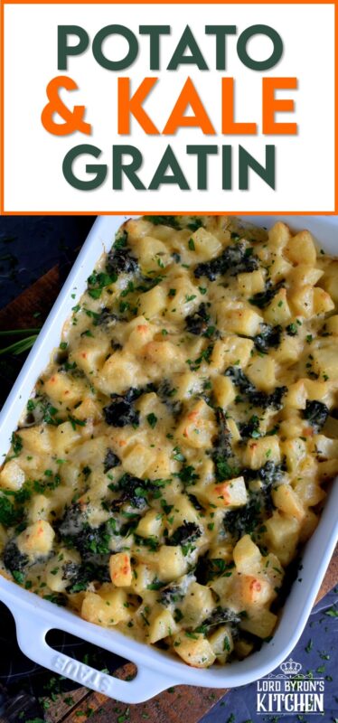Kale is not usually associated with comfort food, but when it is combined with potatoes in a béchamel sauce and baked in the oven until it becomes golden and bubbly; Potato and Kale Gratin is most certainly the most comforting of comfort foods! #kale #gratin #casserole #potato #thanksgiving