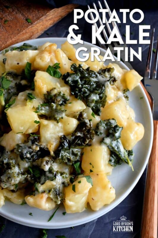 Kale is not usually associated with comfort food, but when it is combined with potatoes in a béchamel sauce and baked in the oven until it becomes golden and bubbly; Potato and Kale Gratin is most certainly the most comforting of comfort foods! #kale #gratin #casserole #potato #thanksgiving